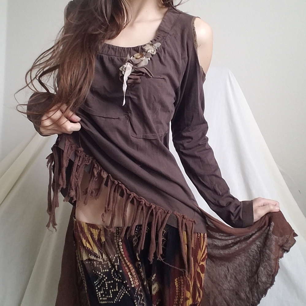 Boho Cottagecore Hippie Custom Brown Fringe Long Sleeve Top